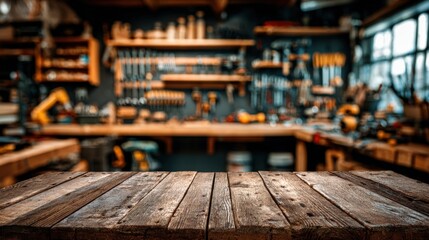 Rustic Wooden Table Surface with Blurred Workshop Background, Ideal for Product Display and Creative Projects