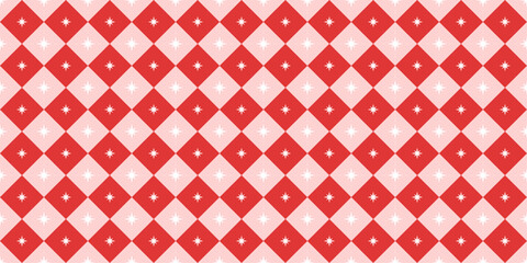 Obraz premium Christmas harlequin rhombus seamless pattern with sparkling star. Xmas red and pin wrapping texture background. Valentine and Birthday print. Diamond shaped preppy wallpaper. Vector illustration