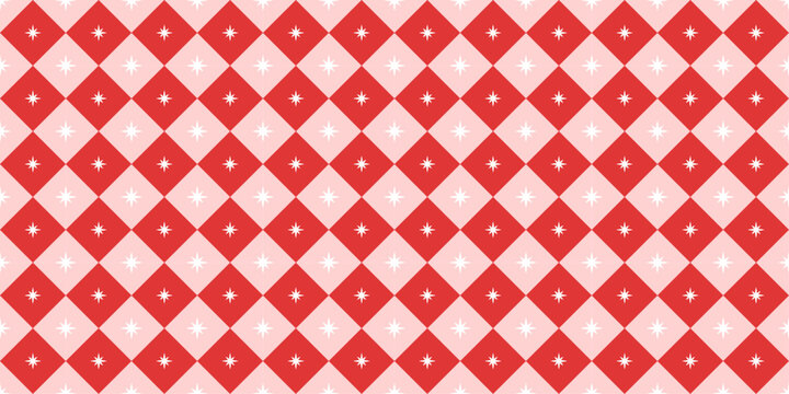 Christmas harlequin rhombus seamless pattern with sparkling star. Xmas red and pin wrapping texture background. Valentine and Birthday print. Diamond shaped preppy wallpaper. Vector illustration