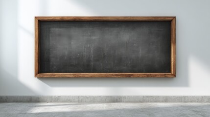 Blank chalkboard with a wooden frame hanging on white wall, perfect for educational and creative presentations