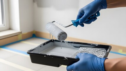 hand in blue protective glove using paint roller with gray primer from tray, home renovation and interior design for blogs, repair sites, and diy tutorials