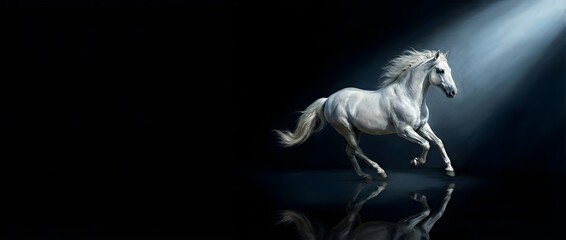 A white horse running under a dramatic spotlight on a dark background, symbolizing speed, strength and elegance.