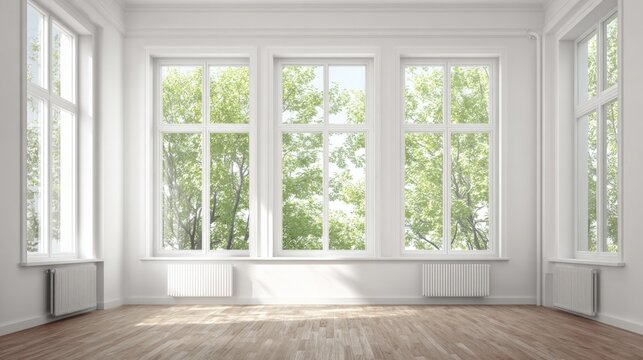 Bright, spacious room with large windows and natural light, showcasing modern interior design and a serene atmosphere