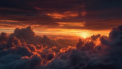 Fototapeta premium Epic aerial view of a fiery sunrise bursting through layers of dense, textured, puffy clouds