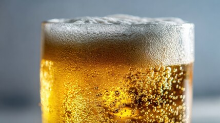 Refreshing Beer Close-Up: Golden Liquid, Bubbles, and Frothy Head in a Pint Glass