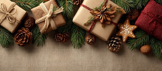 Fototapeta premium Festive Gift Wrapped Boxes with Pinecones and Holiday Decorations