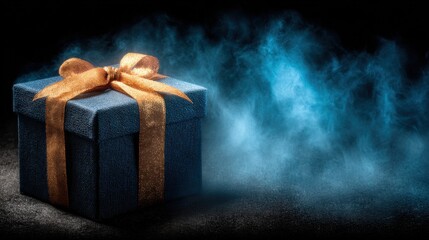 Obraz premium Blue Gift Box with Orange Ribbon and Smoky Background
