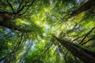 A vibrant, low-angle shot capturing tall, green trees with the sunlight peeking through the canopy