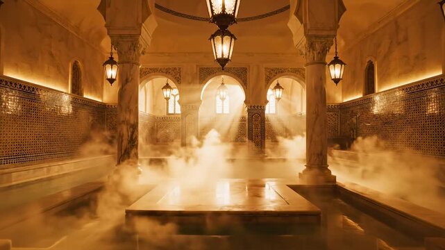 amber steam-filled hammam interior with ornate columns and hanging lanterns creating tranquil ritual atmosphere; tiled walls, central stone pool, warm reflections and rising steam invoke relaxation,