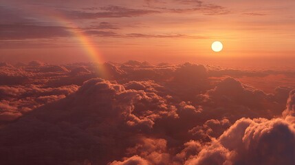 A vibrant sunset casts hues over a sea of clouds, with a rainbow streaking across the sky