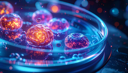 Luminous Cells Under the Microscope: A captivating glimpse into the microscopic world, where radiant cells are meticulously observed within a scientific petri dish.