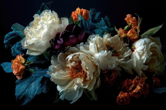 A lavish floral still life. Creamy peonies, vibrant orange blooms, & rich purple tulips on a dark background - Powered by Adobe