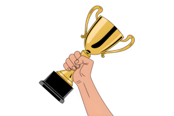 Hand holding up a golden trophy celebrating victory and achievement against a black background