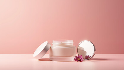 Open jar of white cosmetic cream with its lid off and a small pink flower on a pink background, concept of natural beauty, skincare, and daily routine, useful for wellness or self care articles.