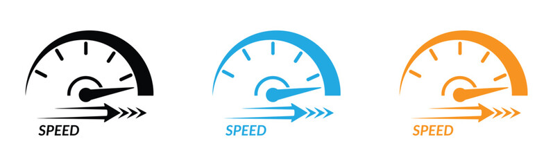 Speedometer Icon. Speed Logo Symbol. Gauge Meter Icon. Tachometer or Odometer Display. Professional speed gauge icons showing fast performance metrics. Vector Illustration.