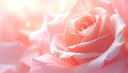 Close-up of a delicate, soft-pink rose bathed in warm sunlight. The intricate petals are in focus, creating a dreamy, romantic atmosphere