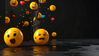 A vibrant splash of expressive yellow faces and red hearts against a dark backdrop, creating a dynamic, emotive composition