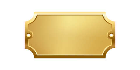 Blank golden nameplate plaque with decorative edges and screw holes. Empty metallic label for engraving, signage, awards, door signs. Realistic vector illustration.