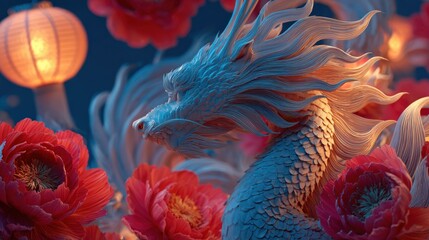Fototapeta premium Majestic Dragon Surrounded by Peonies and Glowing Lanterns in a Festive Asian Celebration