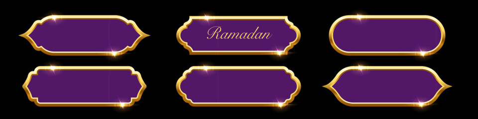 Ramadan frames. Islamic frames with gold borders shown as purple decorative labels in traditional Arabian shapes. Set of banners for Ramadhan and oriental festive design. Luxury vector illustration.