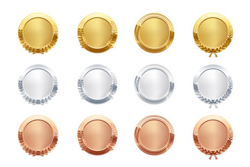 Gold, silver, bronze circle medals. Metal coins. First, second, third place award frames isolated on white background. Winners trophy. Blank shiny badge, label. Realistic vector illustration.