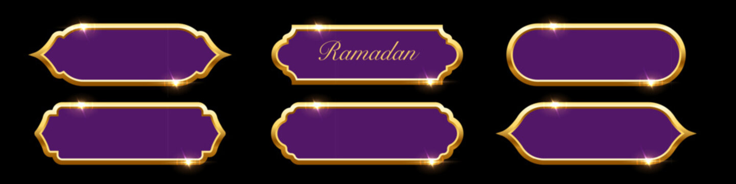 Ramadan frames. Islamic frames with gold borders shown as purple decorative labels in traditional Arabian shapes. Set of banners for Ramadhan and oriental festive design. Luxury vector illustration.