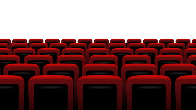 Cinema, theater chair screen background with rows of red velvet seats facing bright empty space. Movie atmosphere created by deep shadows and clean perspective. Seamless realistic vector illustration.