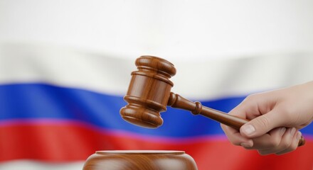 Russian justice system: gavel and national flag background