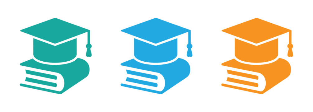 mortarboard with book glyph icon illustration vector graphic. Graduation cap on book icons set in three colors. Simple element illustration vector graphic. 