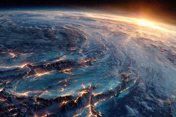 Panoramic view from space depicting a sunrise illuminating the Earth's atmosphere and landmasses