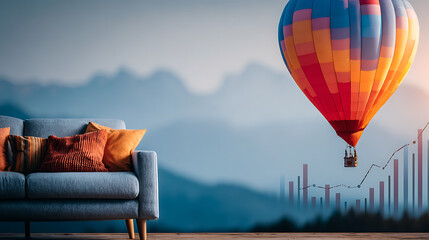 Colorful hot air balloon mountain landscape sunrise cozy sofa orange pillow wooden floor modern living room misty horizon financial growth 2026