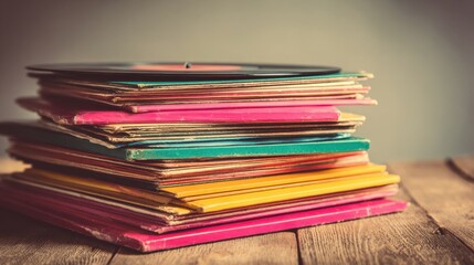 Stack of Vintage Vinyl Records with Colorful Jackets on Rustic Wooden Table, Nostalgic Music Collection