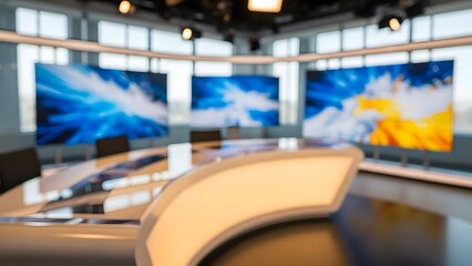 Blurred news studio with large screens displaying abstract blue and yellow graphics and a curved desk