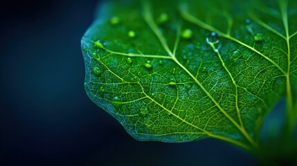 Close-up of Vibrant Green Leaf with Water Droplets, Showcasing Natural Beauty and Delicate Texture