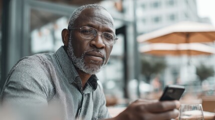 Portrait of Mature African American Man Using Mobile Phone at Outdoor Cafe with Neutral Expression