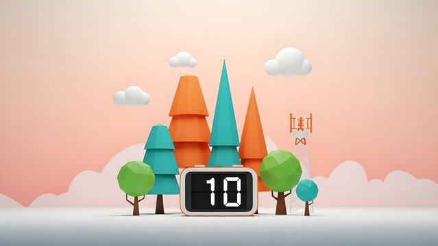 Digital flip clock displays number ten amidst stylized trees and clouds digital clock number 10 - Powered by Adobe