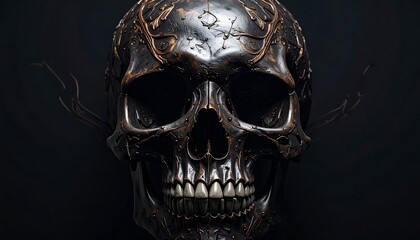 Close-up of a skull rendered in dark metal with intricate vine-like detailing. Moody lighting against black