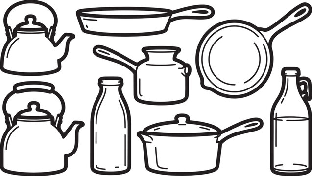 Collection of vintage kitchenware including kettles pots pans and bottles vector