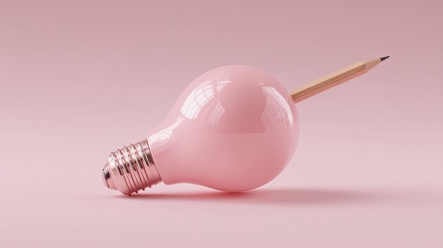 a single pink lightbulb with a pencil resting on it against a plain white background