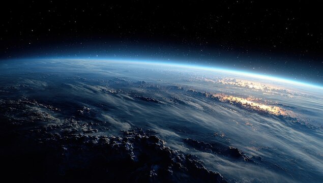 Cinematic shot of Earth from space, revealing atmospheric layers, sunlit clouds, and starlit sky - Powered by Adobe