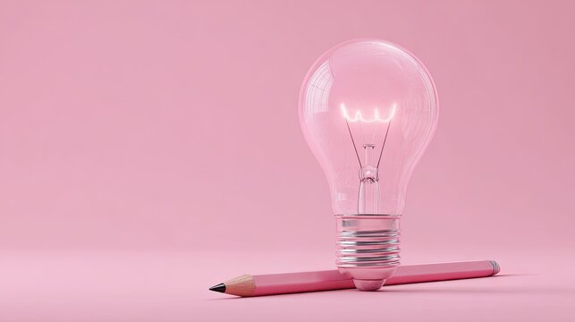 a single lightbulb on a surface, with an open pink envelope placed next to it