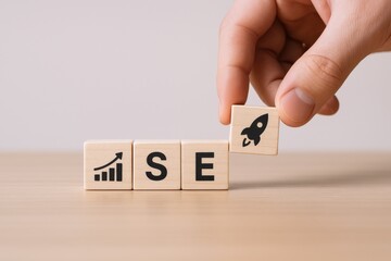 Naklejka premium Hand placing wooden block with rocket icon to complete SEO acronym for search optimization