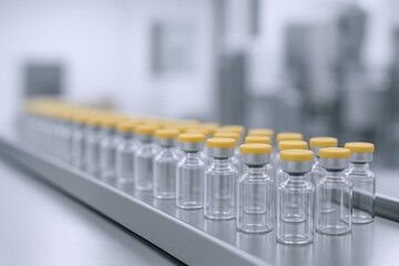 Pharmaceutical Vial Production: Automated Conveyor Belt System for Medicine Manufacturing and Quality Control in a Modern Facility
