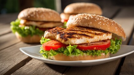 Grilled Chicken Sandwiches with Fresh Lettuce and Tomato on Rustic Wooden Table for Restaurant Menu