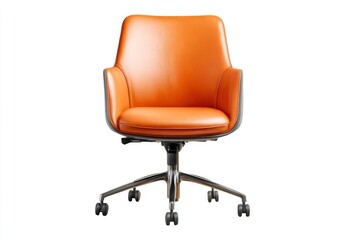 Obraz premium A contemporary and elegant office chair, upholstered in a striking vibrant orange material, stands prominently against a clean white background. This executive-style swivel chair features a sleek chro