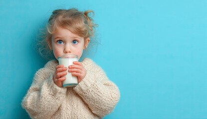 A sweet little girl joyfully drinking milk from a glass on a bright blue background, a heartwarming moment of childhood innocence and simple pleasures, perfect for family and lifestyle campaigns
