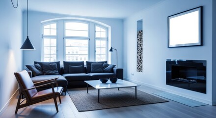 Fototapeta premium Modern Living Room Interior with Contemporary Furniture, Fireplace, and Natural Light, Creating a Minimalist Atmosphere