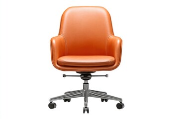 Fototapeta premium This vibrant image showcases a sleek, modern office chair, meticulously designed for both comfort and style. The executive swivel chair features luxurious orange-brown leather upholstery with elegant 