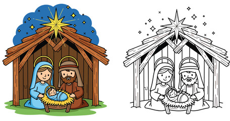 Christmas nativity scene vector illustration with coloring page outline featuring Mary Joseph and Baby Jesus in wooden stable under star cute cartoon holy family doodle for kids education