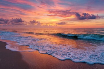 Obraz premium Vivid sunset paints the sky above a beach. Waves gently lap the shore reflecting colorful hues